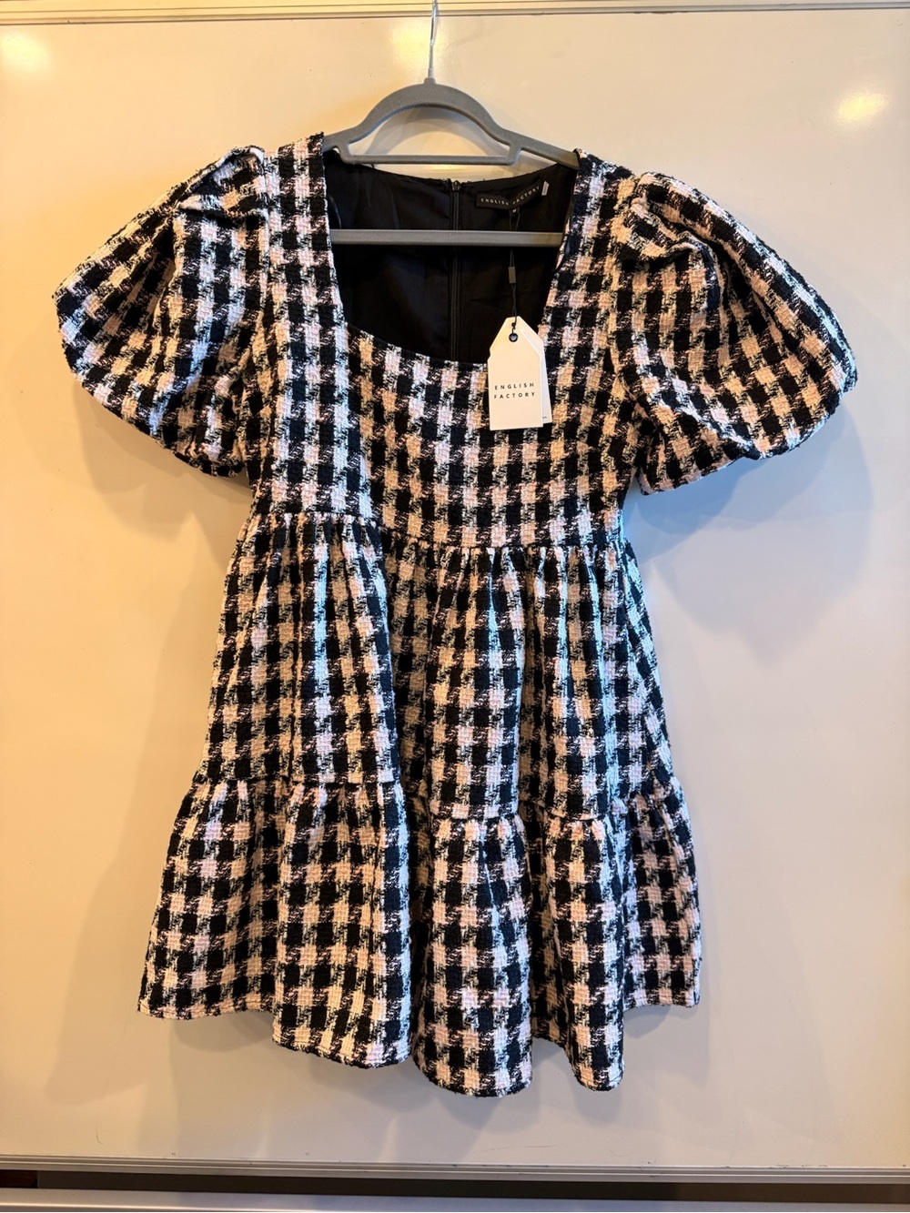 English Factory Pink & Black Gingham Puff-Sleeve Dress